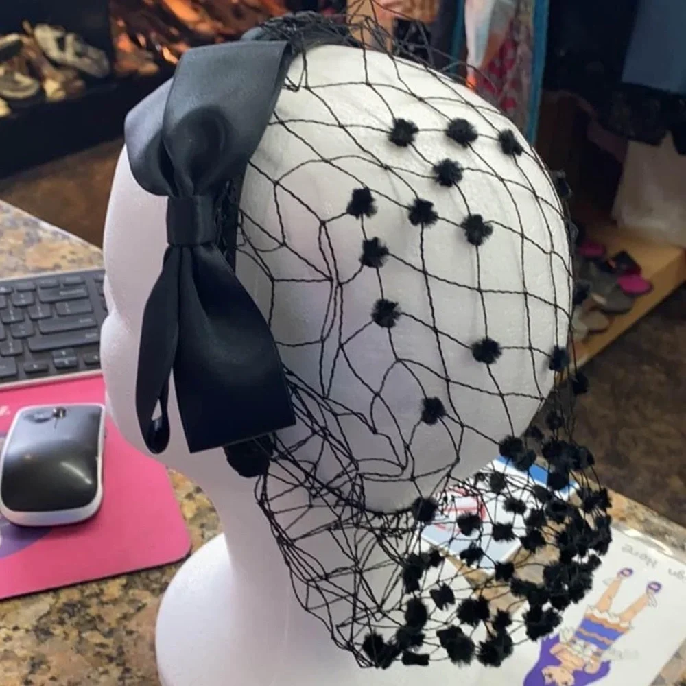 Whittall & Shon Black Fascinator Headband with Bow & Net Veil